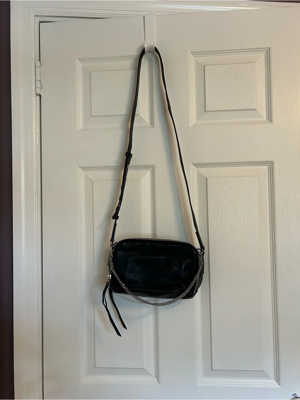 All Saints Black Leather Crossbody Bag with Silver Chain
